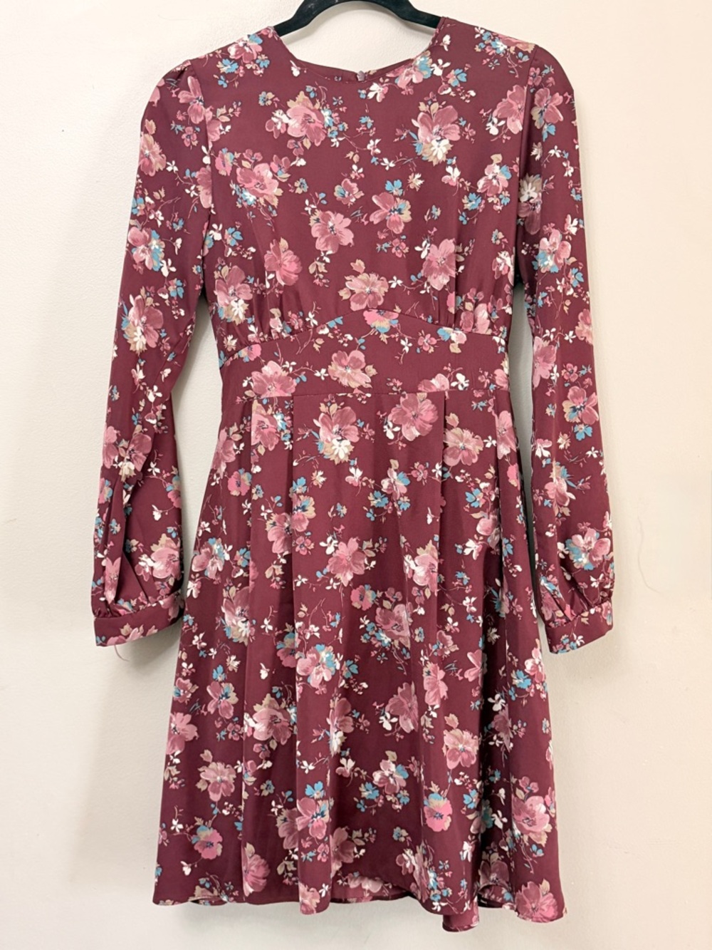 Girl.Is Floral Long Sleeve A-Line Dress in Burgundy